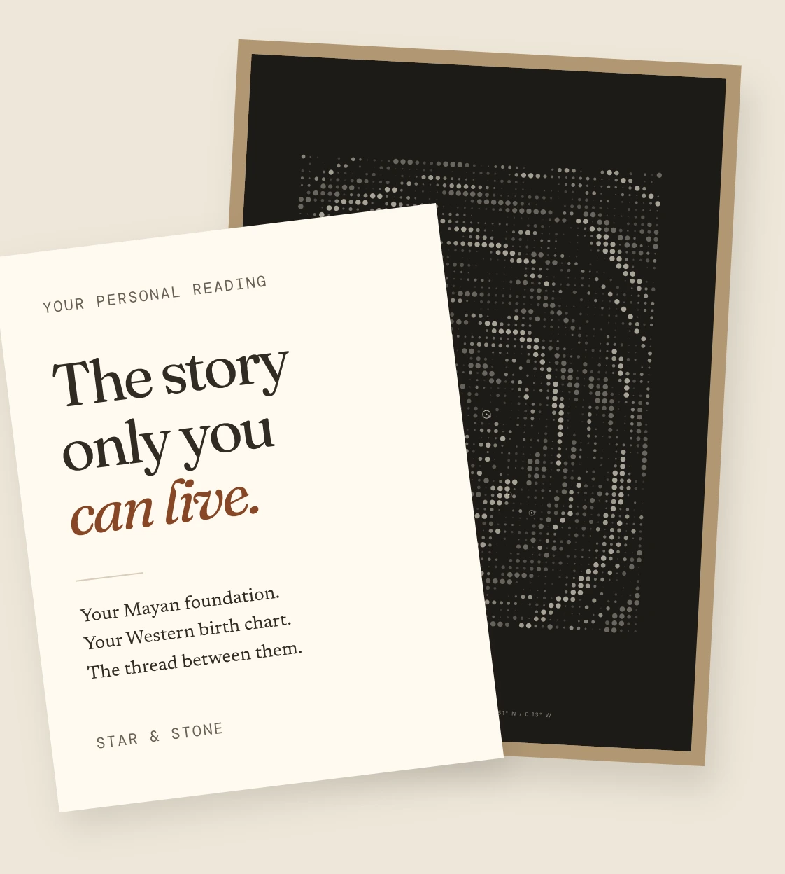 Example Interference birth-moment print in a wooden frame, beside a reading card titled: The story only you can live.